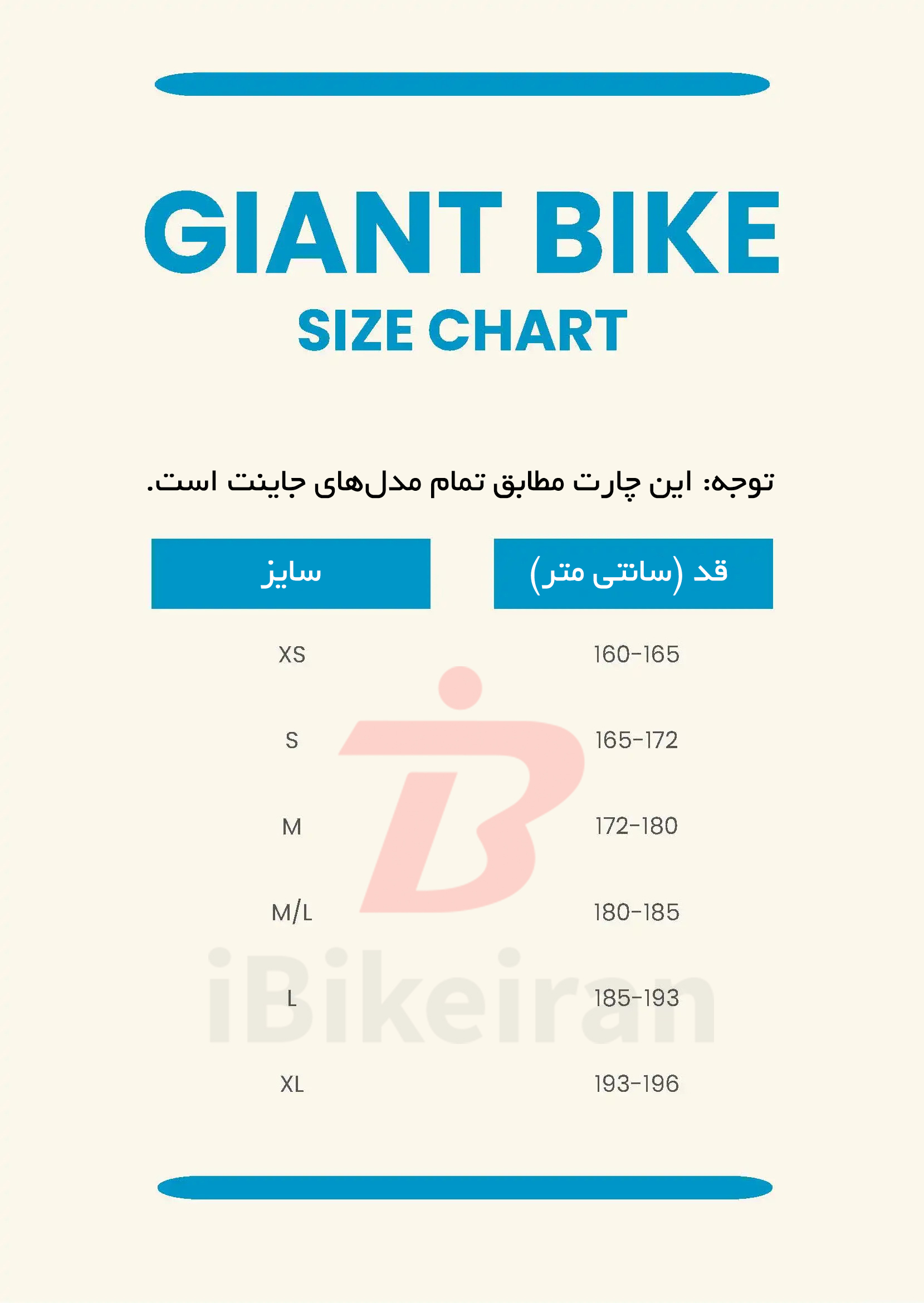 چارت سایزبندی دوچرخه های جاینت (راهنمای انتخاب سایز) - آیبایک